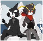  adricarra anger_vein bangs belt black_hair brown_hair cigarette collared_shirt fangs formal gloves ice_scream icicle idate multiple_boys neckerchief open_mouth red_eyes rock_(ice_scream) shirt sidelocks smile smoking suit tail white_skin 