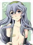  abriel00 arm_warmers bandaid bandaids_on_nipples blush collarbone dated flat_chest green_background green_hairband grey_eyes grey_hair hairband kantai_collection long_hair pasties suspenders topless upper_body yamagumo_(kantai_collection) 