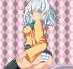  aqua_hair argyle argyle_background ass bad_id bad_pixiv_id bed_sheet black_legwear blue_eyes breasts covered_nipples eyes_visible_through_hair from_behind komeiji_koishi looking_at_viewer medium_breasts oimo_(imoyoukan) panties shiny shiny_skin shirt short_hair sitting sitting_on_face sitting_on_person smile solo thighhighs touhou underwear wide_sleeves yellow_shirt 