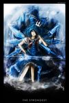 alternate_costume artist_name blue_eyes blue_hair cirno dress highres ice ice_wings lips looking_at_viewer nearesven realistic ribbon short_hair solo throne title touhou wings 