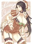  bangs black_hair black_legwear breasts choker cleavage contrapposto copyright_request cowboy_shot cropped_jacket dress fur_trim garter_straps hand_on_leg huge_breasts light_smile long_hair merry_christmas parted_bangs purple_eyes red_dress short_dress solo standing sun-3 thick_thighs thighhighs thighs very_long_hair 
