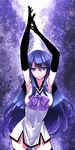  armpits arms_up black_gloves black_legwear blue_eyes blue_hair breasts contrapposto covered_navel cowboy_shot elbow_gloves gloves gokukoku_no_brynhildr highres kuroha_neko large_breasts long_hair looking_at_viewer matsuryuu parted_lips ribbon sleeveless solo standing thighhighs triangle_mouth wide_hips zettai_ryouiki 