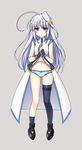  :t ahoge ass_visible_through_thighs black_gloves black_legwear blue_eyes blue_hair blue_panties blush bow bow_panties dress dress_lift embarrassed fingerless_gloves full_body gloves grey_background hair_ornament highres huge_ahoge long_hair lyrical_nanoha magical_girl mahou_shoujo_lyrical_nanoha_strikers navel panties pout raiou reinforce_zwei simple_background single_thighhigh solo standing tears thigh_strap thighhighs underwear very_long_hair x_hair_ornament 