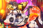  black_gloves black_hair blush bottle breasts cleavage cup elbow_gloves fan folding_fan gloves headgear holding hullabaloo kantai_collection lantern large_breasts long_hair miniskirt nagato_(kantai_collection) red_eyes red_legwear sakazuki sheep sitting skirt smile solo thighhighs 