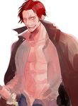  1boy jacket_on_shoulders male_focus one_piece open_shirt pirate red_hair scar shanks shirt solo sword weapon wink 