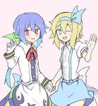  alice_margatroid alice_margatroid_(pc-98) apron bad_id bad_pixiv_id blue_eyes blue_hair blue_hairband blue_skirt blush bow collared_shirt commentary_request cowboy_shot gloves gradient_hair hair_bow hairband hand_up hinanawi_tenshi holding_hands kenuu_(kenny) long_hair long_skirt long_sleeves multicolored_hair multiple_girls no_pupils one_eye_closed open_mouth pink_background ponytail red_eyes shirt short_hair short_sleeves skirt smile suspenders touhou touhou_(pc-98) younger 
