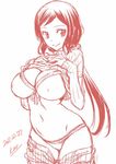  bikini bikini_under_clothes breasts cleavage clothes_lift covered_nipples dated front-tie_top gundam gundam_build_fighters hands_on_own_chest iori_rinko jpeg_artifacts large_breasts lips long_hair looking_at_viewer mature midriff mitarashi_kousei monochrome navel ponytail red ribbed_sweater shorts shorts_pull signature sketch smile solo sweater sweater_lift swimsuit swimsuit_under_clothes 