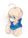  ahoge artoria_pendragon_(all) bad_id bad_twitter_id bespectacled blonde_hair blue-framed_eyewear blue_eyes blue_scarf braid fate/stay_night fate_(series) glasses hair_bun highres looking_at_viewer mk_(masatusaboten) saber scarf simple_background smile solo upper_body white_background 