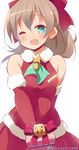  9law ;d alternate_costume aqua_eyes arm_behind_back bare_shoulders blush bow brown_hair fur_trim gift hair_bow highres kantai_collection kumano_(kantai_collection) long_hair one_eye_closed open_mouth ponytail santa_costume simple_background skirt smile solo turret twitter_username white_background 