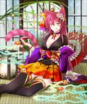  :p animal_ears black_legwear blush breasts cat_ears cat_tail cleavage japanese_clothes kuroi large_breasts long_hair original pink_hair skirt tail thighhighs tongue tongue_out yellow_eyes 