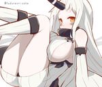  9law breasts dress horn kantai_collection large_breasts long_hair pale_skin ribbed_dress seaport_hime shinkaisei-kan short_dress sideboob simple_background solo twitter_username white_background white_hair yellow_eyes 