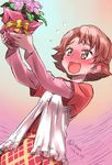  blush brown_eyes brown_hair flower highres isedaichi_ken natsuki_rin precure short_hair smile solo sweat twitter_username very_short_hair yes!_precure_5 