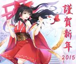  2015 adapted_costume bare_shoulders black_hair blush bow breasts brown_eyes cloudy.r detached_sleeves folded_leg hair_bow hair_tubes hakurei_reimu hands_up highres long_hair looking_back medium_breasts nengajou new_year obi open_mouth ribbon sash sheep smile solo stairs torii touhou wind 
