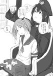  female_admiral_(kantai_collection) greyscale highres kantai_collection monochrome multiple_girls niwatazumi sazanami_(kantai_collection) sleepy tatebayashi_sakurako translated uniform 