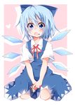  blue_dress blue_eyes blue_hair blush bow chocolate chocolate_bar cirno dress food food_on_face hair_bow hakobako heart ice ice_wings open_mouth shirt short_hair short_sleeves sitting solo touhou wariza wings 