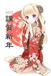  2015 :d blonde_hair blush hair_intakes hands_together horns hyuuga_azuri japanese_clothes kimono long_hair new_year open_mouth original purple_eyes scarf sheep_horns smile solo 