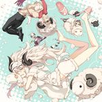  3girls afro age_difference animal_ears bad_id bad_pixiv_id barefoot brown_eyes brown_hair horns kimura_(ykimu) long_hair long_legs multiple_girls original scarf sheep sheep_boy sheep_ears sheep_girl sheep_horns sheep_tail shoes short_hair single_shoe sleep_mask sleepy slippers sunglasses tail topless white_hair wince 