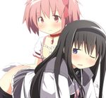  akemi_homura all_fours black_hair black_hairband blush hairband kaname_madoka long_hair magical_girl mahou_shoujo_madoka_magica multiple_girls no_panties pantyhose pink_eyes pink_hair purple_eyes ran_(9ens2000) short_hair short_twintails simple_background skirt skirt_lift spanking twintails white_background yuri 