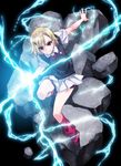  alternate_color blonde_hair dengeki_bunko_fighting_climax electricity hair_ornament hairpin highres looking_at_viewer matsuryuu misaka_mikoto player_2 red_eyes red_legwear school_uniform short_hair shorts skirt smile solo sweater_vest to_aru_kagaku_no_railgun to_aru_majutsu_no_index 