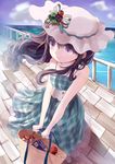  bad_id bad_pixiv_id bag brown_eyes brown_hair dress from_above hat holding iijima_masashi long_hair original plaid plaid_dress smile solo sun_hat v_arms wind 