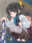  black_hair can energy_drink grey_legwear half_updo kantai_collection koruri long_hair monster_energy multicolored_hair naganami_(kantai_collection) pantyhose pink_hair red_bull ribbon soda_can solo squatting stacking uniform yellow_eyes 