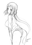  ass blush breasts dated greyscale gundam gundam_build_fighters hands_on_thighs iori_rinko large_breasts mature mitarashi_kousei monochrome panties ponytail signature sketch solo sweat underwear 