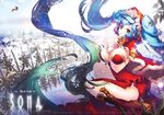  absurdly_long_hair apple_caramel between_breasts blue_hair boots breasts brown_eyes capelet christmas dress fur_trim knee_boots large_breasts league_of_legends long_hair red_dress silent_night_sona sitting smile snowing solo sona_buvelle sparkle twintails very_long_hair wariza watermark wrist_cuffs 
