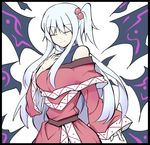  blue_hair breasts closed_eyes commentary_request dress hair_bobbles hair_ornament hand_on_own_chest kenuu_(kenny) large_breasts lowres off_shoulder outline red_dress shinki side_ponytail side_slit simple_background smile solo touhou touhou_(pc-98) white_background wings 