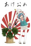  adapted_costume akeome animal_costume blue_hair closed_umbrella commentary_request happy_new_year heterochromia highres horns kagami_mochi karakasa_obake kitano_(kitanosnowwhite) new_year sheep_costume sheep_horns shirt shorts smile solo tatara_kogasa tongue tongue_out touhou umbrella 