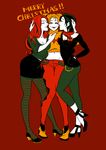  3girls batman_(series) black_hair blonde_hair catwoman christmas dc_comics girl_sandwich harley_quinn high_heels long_hair multiple_girls pants pantyhose patterned_legwear poison_ivy red_hair sandwiched scarf short_hair skirt smile striped striped_legwear sweater trio turtleneck twintails yuri 