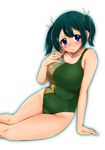  alternate_costume arm_support bangs bare_legs bare_shoulders blue_eyes blush breasts collarbone curvy embarrassed green_swimsuit hand_on_own_chest kantai_collection kirikirimai_(kkm) large_breasts looking_at_viewer one-piece_swimsuit parted_bangs short_hair short_twintails solo souryuu_(kantai_collection) swimsuit twintails 