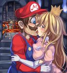  2boys blonde_hair blue_eyes bowser brown_hair chain commentary_request elbow_gloves facial_hair gloves hat kiss long_hair mario mario_(series) molten_rock monikano multiple_boys mustache parody princess_peach shocked_eyes super_mario_bros. terminator terminator_2:_judgement_day thumbs_up 