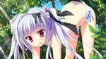  1girl ass bare_shoulders blush bow embarrassed female game_cg hair_bow karumaruka_circle leaf leaves long_hair natsume_koyomi open_mouth pink_eyes solo straight_hair toranosuke twintails white_hair 