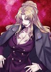  balalaika_(black_lagoon) black_lagoon blonde_hair blue_eyes breasts cigar cleavage formal hands_on_hips highres jacket large_breasts long_hair matsuryuu mole mole_under_eye ponytail scar smile solo suit 