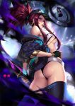  akali ass bare_shoulders baseball_cap belt_pouch bikini breasts cian_yo cleavage dagger earrings fingerless_gloves fingernails from_behind gloves glowing glowing_eye hand_on_hip hat holding holding_weapon jacket jewelry k/da_(league_of_legends) k/da_akali league_of_legends lips long_hair looking_at_viewer looking_back medium_breasts nail_polish off_shoulder open_clothes open_jacket parted_lips pouch purple_eyes red_hair reverse_grip shiny shiny_hair shiny_skin sideboob sidelocks simple_background swimsuit thighs weapon 