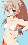  9law bikini blue_background blue_eyes blush breasts brown_hair highres kantai_collection kumano_(kantai_collection) long_hair looking_at_viewer open_mouth ponytail small_breasts solo swimsuit twitter_username white_bikini 