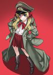  balalaika_(black_lagoon) black_lagoon blonde_hair blue_eyes blush boots grin hair_ribbon hat highres long_hair long_sleeves looking_at_viewer matsuryuu military military_hat military_jacket military_uniform mole mole_under_eye oversized_clothes peaked_cap ribbon school_uniform skirt sleeves_past_wrists smile solo uniform younger 