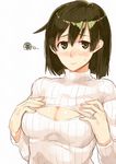  blush breasts brown_eyes brown_hair cleavage embarrassed hands_on_own_chest hiryuu_(kantai_collection) jewelry kantai_collection large_breasts long_sleeves meme_attire open-chest_sweater poco_(backboa) ribbed_sweater ring short_hair simple_background solo sweatdrop sweater turtleneck upper_body wedding_band white_background 