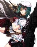  :o bad_id bad_pixiv_id bandolier belt blue_eyes cape eyepatch gloves green_hair hat kantai_collection kiso_(kantai_collection) long_hair machinery moru_(mzk17652) neckerchief pleated_skirt remodel_(kantai_collection) shirt short_sleeves simple_background skirt solo thigh_strap turret uniform v-shaped_eyebrows white_background white_shirt white_skirt 