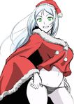  :d black_panties cape christmas cowboy_shot fur_trim glowing glowing_eyes green_eyes hat kantai_collection koutarou_(plusdrive) long_hair long_sleeves navel no_pants open_mouth panties pom_pom_(clothes) santa_costume santa_hat shinkaisei-kan simple_background smile solo ta-class_battleship underwear white_background white_hair white_skin 