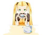  ame. aoki_hagane_no_arpeggio blonde_hair cup dress green_eyes haruna_(aoki_hagane_no_arpeggio) long_hair teacup teapot twintails 