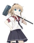  \m/ akuma_no_riddle banba_mahiru banba_mahiru_(cosplay) banba_shin'ya blonde_hair blue_eyes bow cosplay downscaled grin hair_bow hammer hand_on_hip looking_at_viewer md5_mismatch namori official_art ootsubo_yuka parody ponytail resized scar seiyuu_connection simple_background skirt smile solo teeth toshinou_kyouko white_background yuru_yuri 