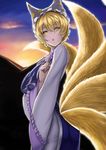  :o blonde_hair breast_hold breasts cloud dress fox_tail hat hoshara index_finger_raised long_sleeves looking_at_viewer looking_to_the_side md5_mismatch multiple_tails narrowed_eyes open_mouth pillow_hat sky solo sunset tabard tail touhou upper_body yakumo_ran yellow_eyes 