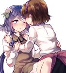  brown_dress brown_hair dress face-to-face flower hair_flower hair_ornament hairband hands_on_another's_shoulders highres long_sleeves multiple_girls one_eye_closed purple_eyes purple_hair shirt siblings sisters skirt touhou tsukumo_benben tsukumo_yatsuhashi uranaishi_(miraura) 