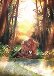  bird blue_hair brown_hair couple dramatical_murder forest ichi_yasushi imminent_kiss long_hair male_focus mink_(dramatical_murder) multiple_boys nature seragaki_aoba sitting smile tree water yaoi 