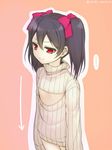  1girl black_hair breast_conscious cleavage_cutout directional_arrow flat_chest hair_ribbon love_live! love_live!_school_idol_project meme_attire naked_sweater open-chest_sweater red_eyes ribbed_sweater ribbon short_hair solo sweater turtleneck twintails uzu_hi yazawa_nico 