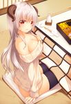 ass bare_shoulders black_legwear blush breasts chopsticks cleavage highres horns kotatsu large_breasts long_hair looking_at_viewer naked_sweater obentou original plate red_eyes sheep_horns shokuyou_mogura silver_hair sitting smile solo sweater table thighhighs 