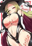  2015 :p absurdres blonde_hair breasts cape elbow_gloves gloves happy_new_year hat highres huge_breasts long_hair mole mole_under_mouth navel new_year one_eye_closed ponpo red_eyes senran_kagura senran_kagura_shinovi_versus shiki_(senran_kagura) simple_background smile solo thighs tongue tongue_out underboob white_background 