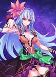  blue_hair breasts cleavage flower hair_flower hair_ornament highres large_breasts long_hair looking_at_viewer matsuryuu red_eyes rocbouquet_(saga) romancing_saga romancing_saga_2 saga smile solo thighhighs 