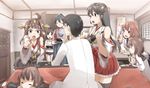  6+girls admiral_(kantai_collection) ahoge bare_shoulders black_hair bottle cabinet chopsticks detached_sleeves double_bun drinking folded_ponytail frilled_skirt frills fumizuki_(kantai_collection) grey_hair hair_ornament hairband hairclip hakama_skirt haruna_(kantai_collection) headgear high_ponytail highres houshou_(kantai_collection) i-401_(kantai_collection) ikazuchi_(kantai_collection) inazuma_(kantai_collection) kantai_collection kongou_(kantai_collection) kotatsu long_hair long_sleeves military military_uniform multiple_girls naka_(kantai_collection) naval_uniform neckerchief nontraditional_miko open_mouth pleated_skirt pointing red_skirt ribbon-trimmed_sleeves ribbon_trim sailor_collar school_uniform sekira_ame serafuku short_hair skirt smile sweat swimsuit swimsuit_under_clothes table tasuki television thighhighs under_kotatsu under_table uniform 